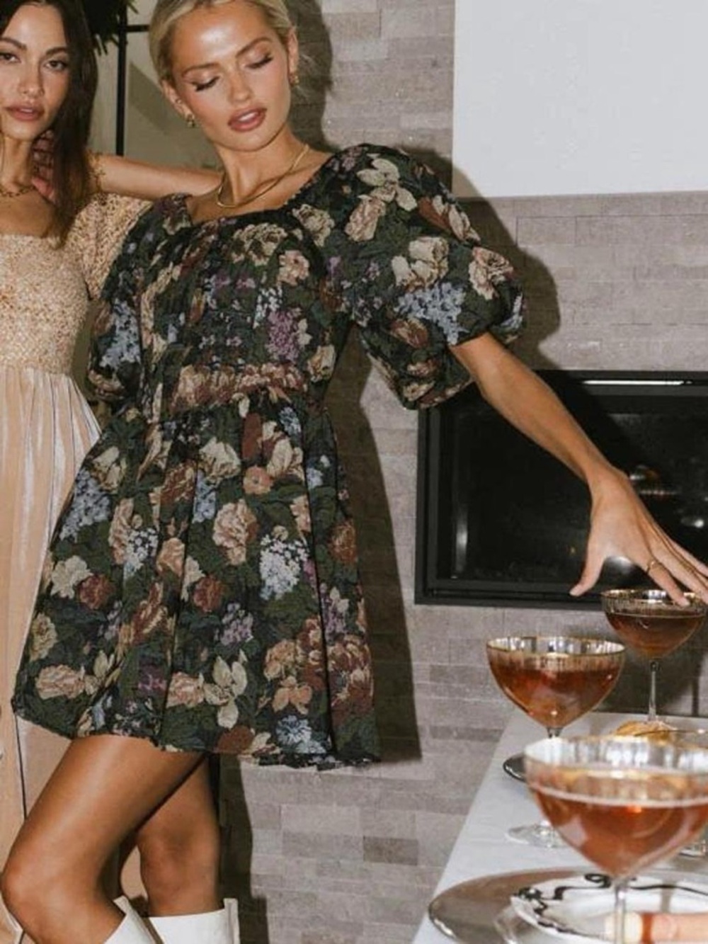 bohme Black Floral Puff-Sleeve Mini Dress